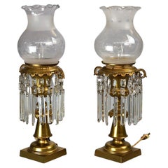 Antique Pair Brass Solar Astral Lamps with Etched Shades & Crystal Prisms, C1850