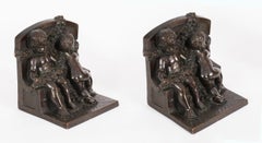 Antique Pair Bronze Classical Cupid Sculptures/ Bookends 19th Century