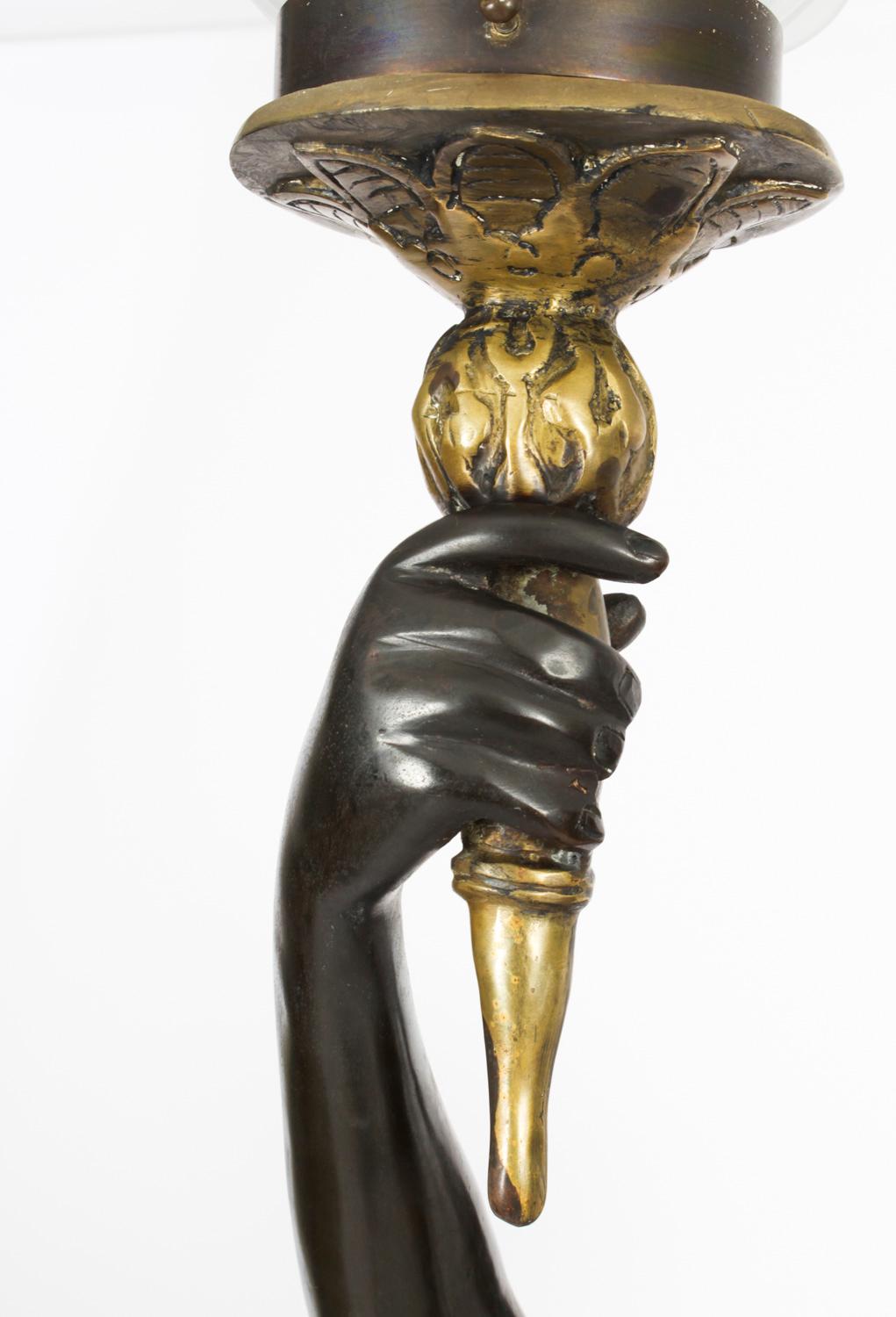 Antique Pair Bronze Figural Torcheres Lamps on Doric Columns Early 20th Century 7