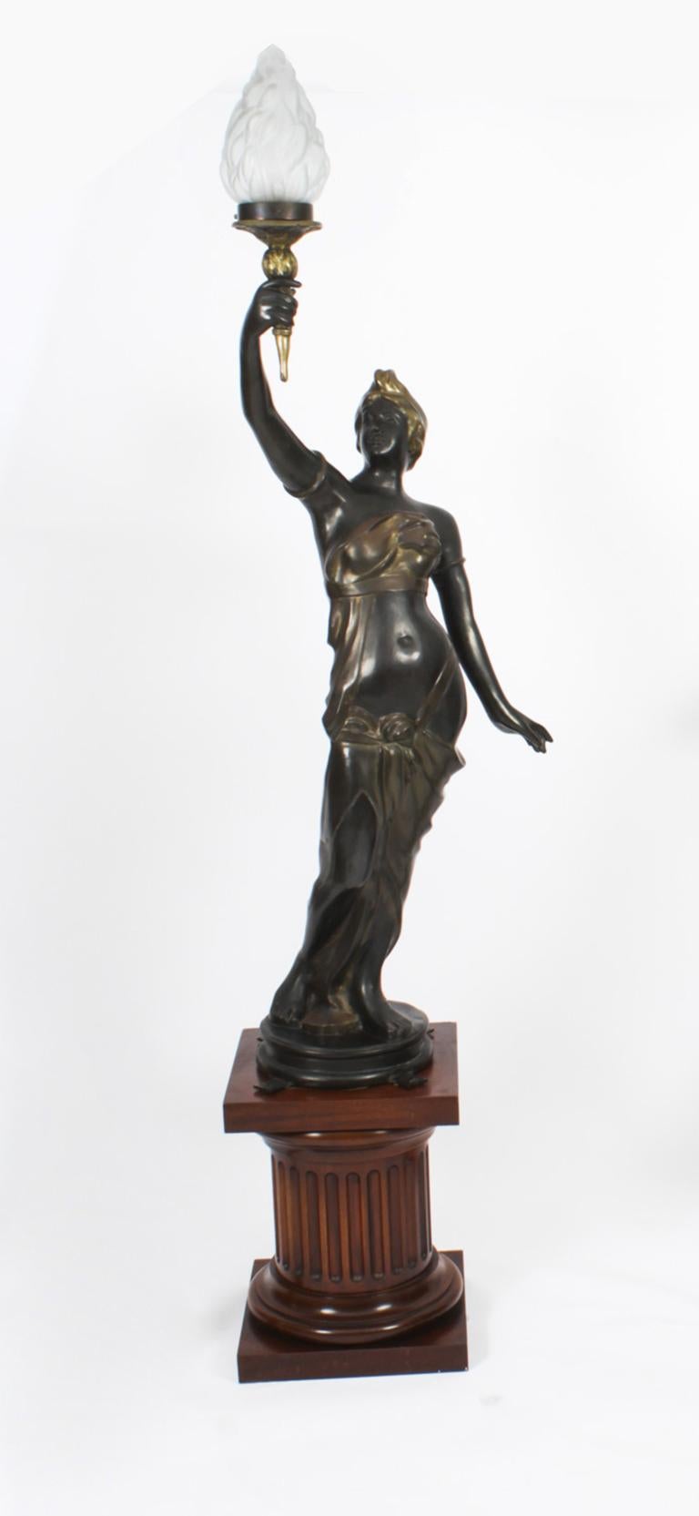 Antique Pair Bronze Figural Torcheres Lamps on Doric Columns Early 20th Century In Good Condition In London, GB