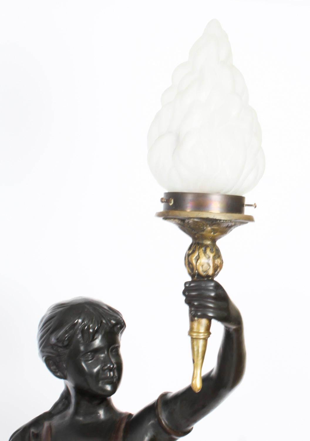 Antique Pair Bronze Figural Torcheres Lamps on Doric Columns Early 20th Century 1