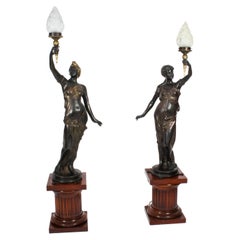 Antique Pair Bronze Figural Torcheres Lamps on Doric Columns Early 20th Century