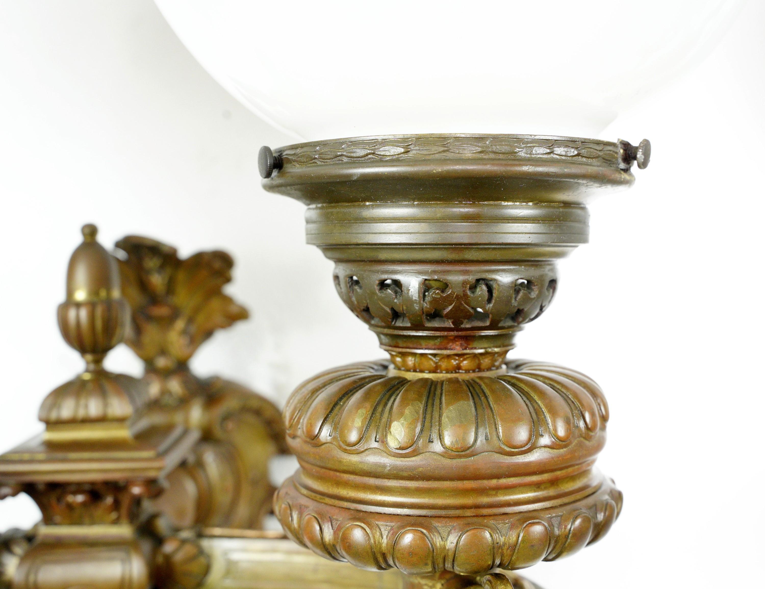 Antique Pair Bronze Sconces 2 Arm Spherical Globe Shades 10