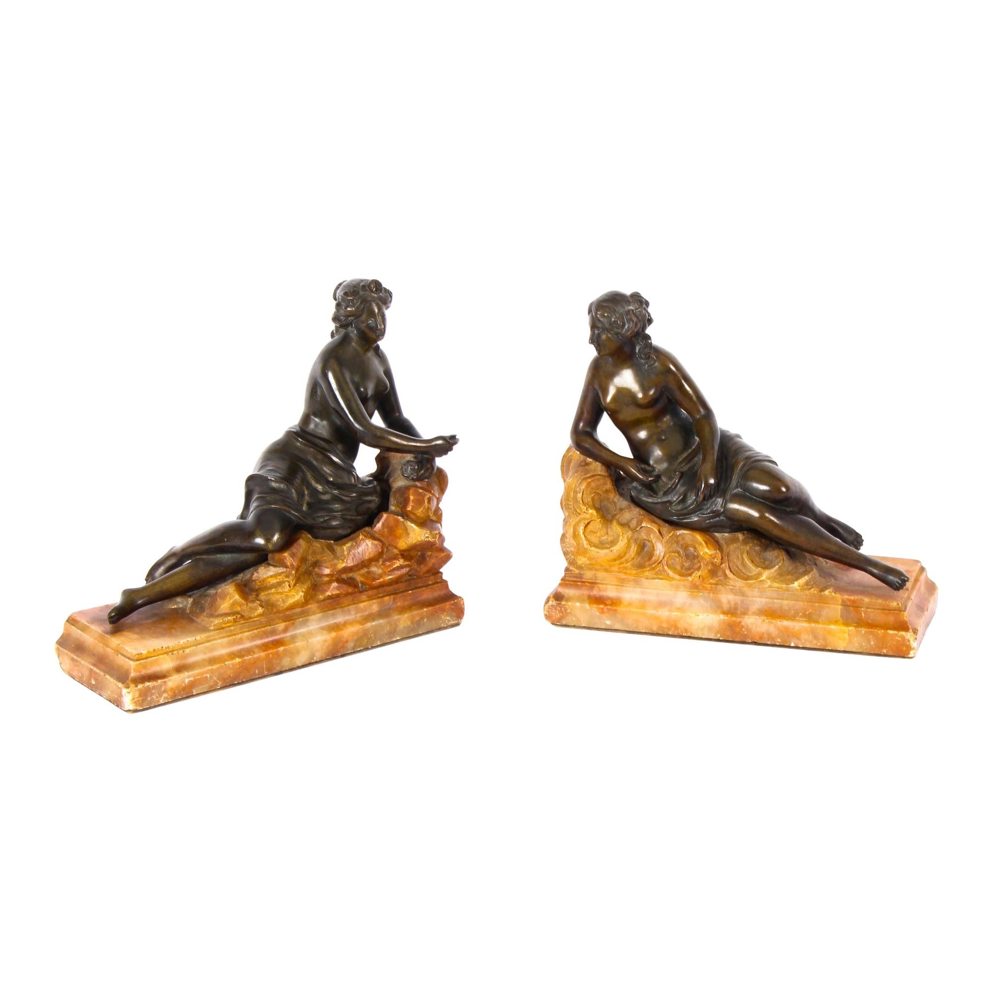 Antikes Paar Bronze Halbakt Klassische Damen Skulpturen / Buchstützen 19