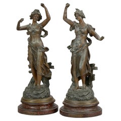 Antique Pair Bronzed Metal Classical Dancing Women Statues Circa 1920