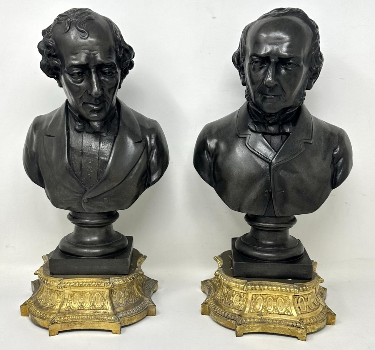 Stunning Pair of English Patinated Bronzed Metal Library Busts made in Birmingham by Wright and Fletcher Foundry, dated 1878 offered with associated heavy gauge ornately cast Ormolu Bronze bases of similar period, possibly of French origin.