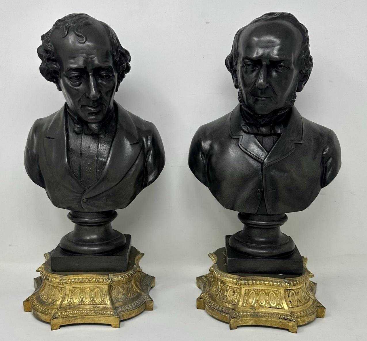 Victorian Antique Pair Bronzed Ormolu Busts William Ewart Gladstone Benjamin Disraeli 19Ct For Sale