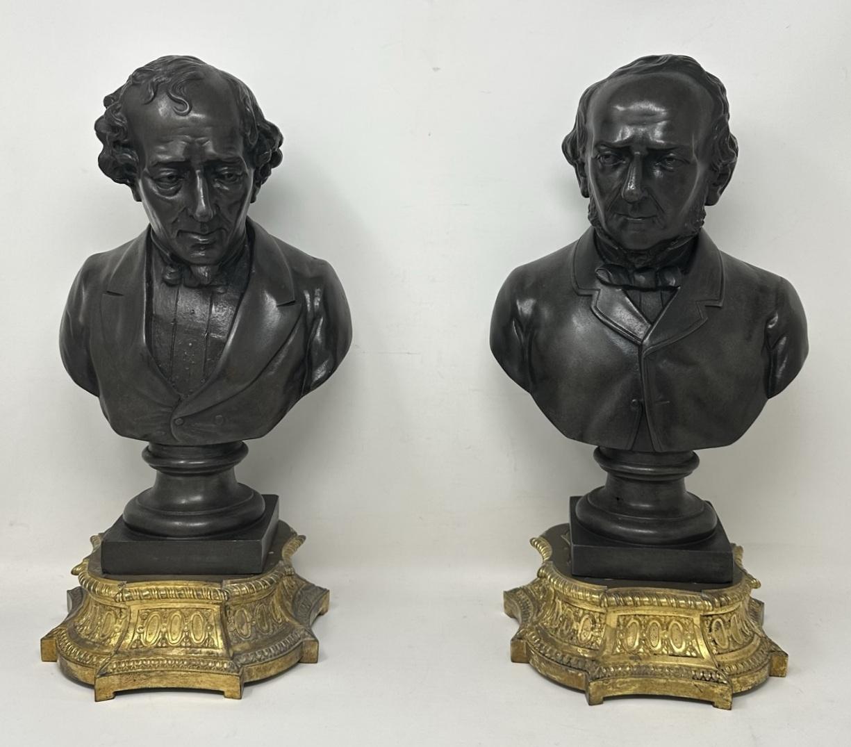 British Antique Pair Bronzed Ormolu Busts William Ewart Gladstone Benjamin Disraeli 19Ct For Sale