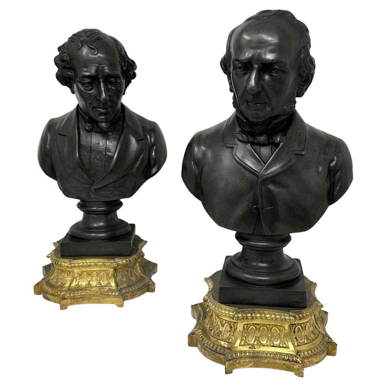 Antique Pair Bronzed Ormolu Busts William Ewart Gladstone Benjamin Disraeli 19Ct For Sale