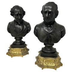 Antique Pair Bronzed Ormolu Busts William Ewart Gladstone Benjamin Disraeli 19Ct