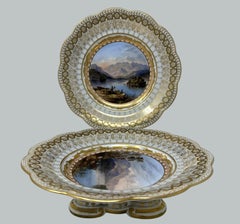 Antique Pair Cabinet Plates Hand Painted Lakes Killarney Kerry Ireland Irish 19C