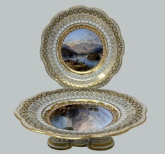 Antique Pair Cabinet Plates Hand Painted Lakes Killarney Kerry Ireland Irish 19C