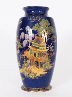 Antique Pair Carlton Ware Cobalt Blue Porcelain Vases 20th Century