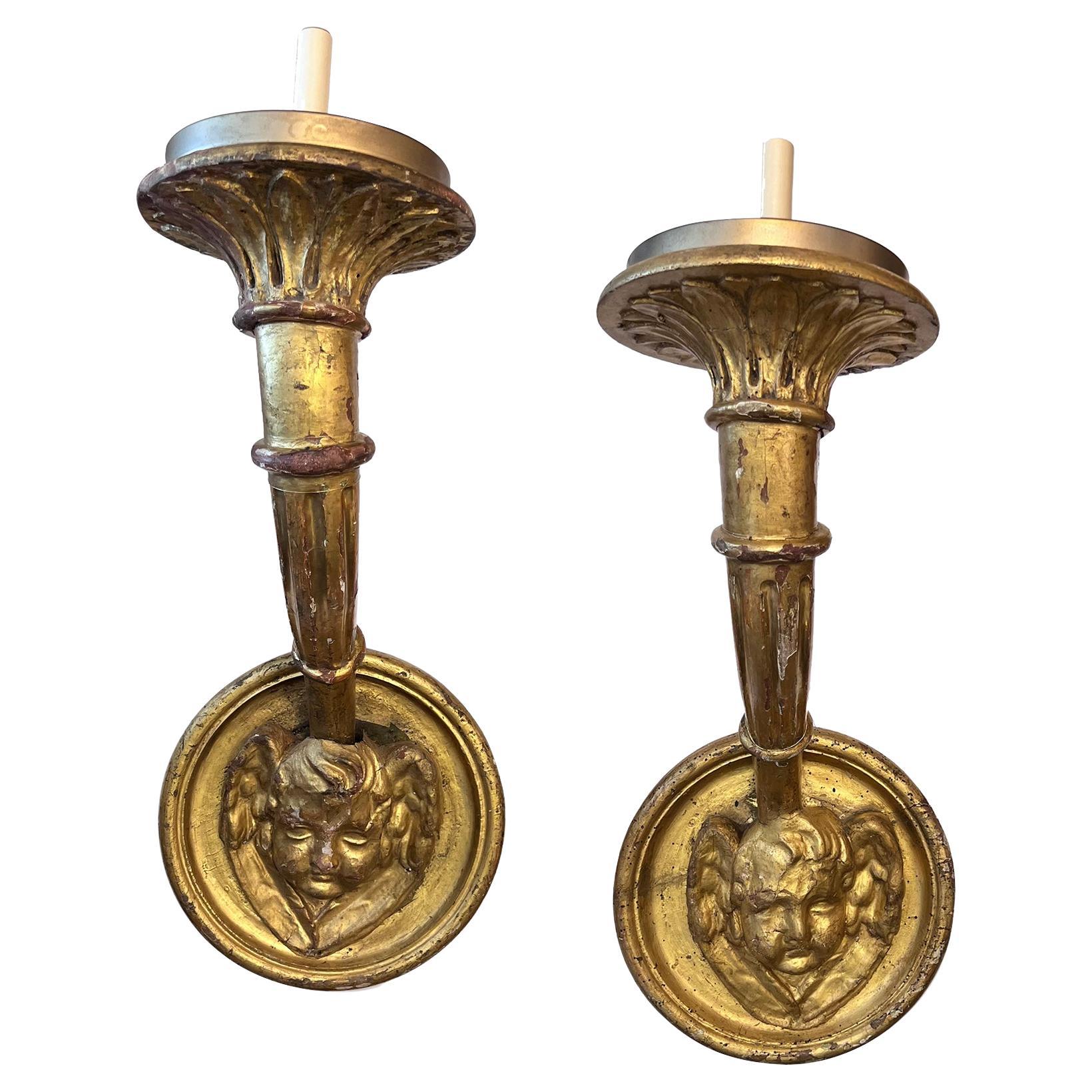 Antique Pair Carved and Gilt Wood Sconces For Sale