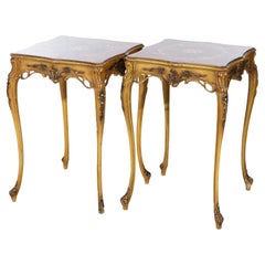 Antique Pair Carved French Style Polychrome Marquetry Inlaid Side Tables, C1920