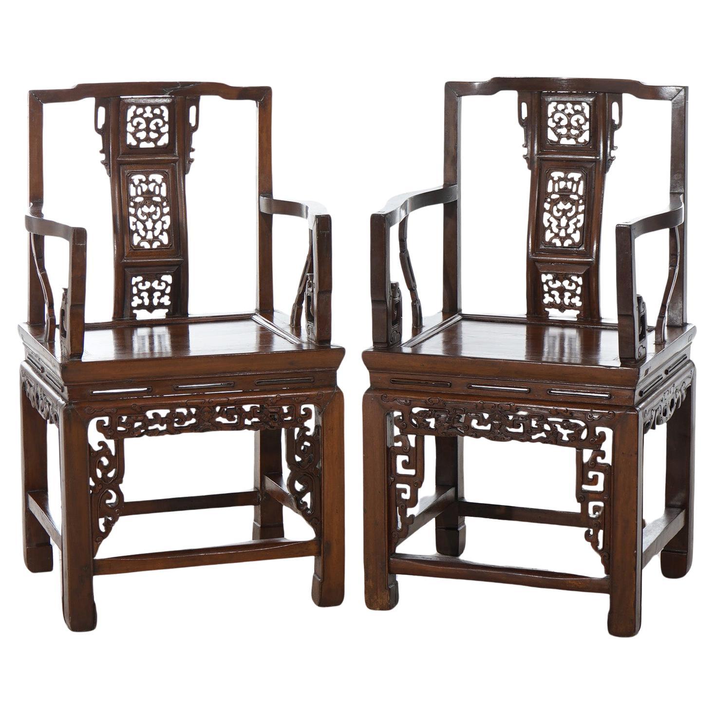 Antique Pair Carved Hardwood Chinese Throne Chairs Circa 1920