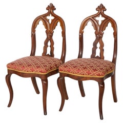 Antique Pair Carved Walnut Gothic Upholstered Side Chairs Circa 1860