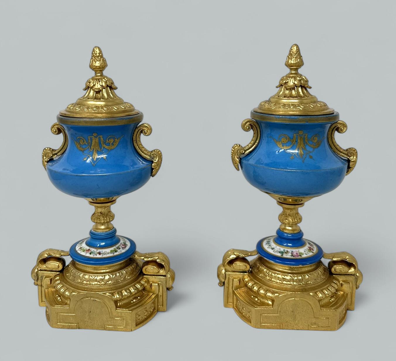 XIX secolo Coppia antica Celeste Blu Francese Sèvres Porcellana Ormolu Vasi Centrotavola in vendita