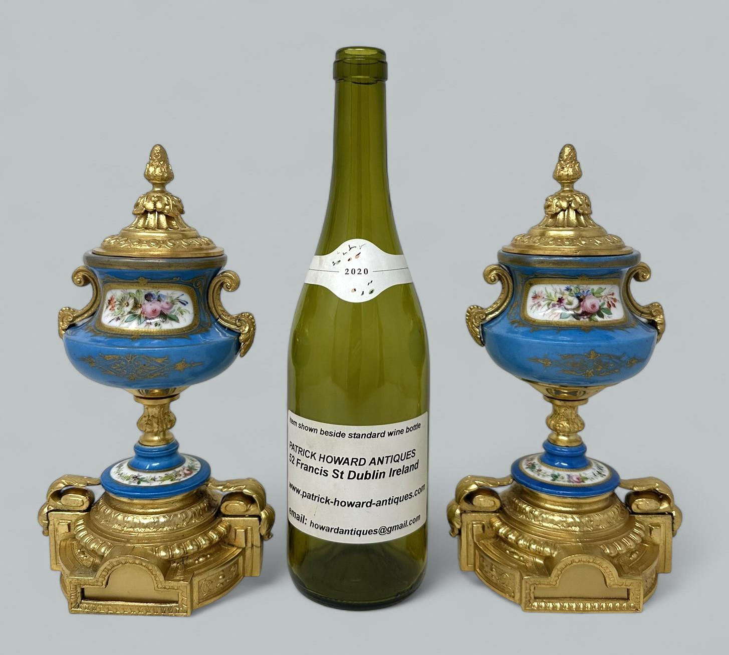 Coppia antica Celeste Blu Francese Sèvres Porcellana Ormolu Vasi Centrotavola in vendita 1