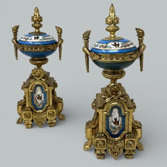Antique Pair Celeste Blue French Sèvres Porcelain Ormolu Urns Vases Garnitures
