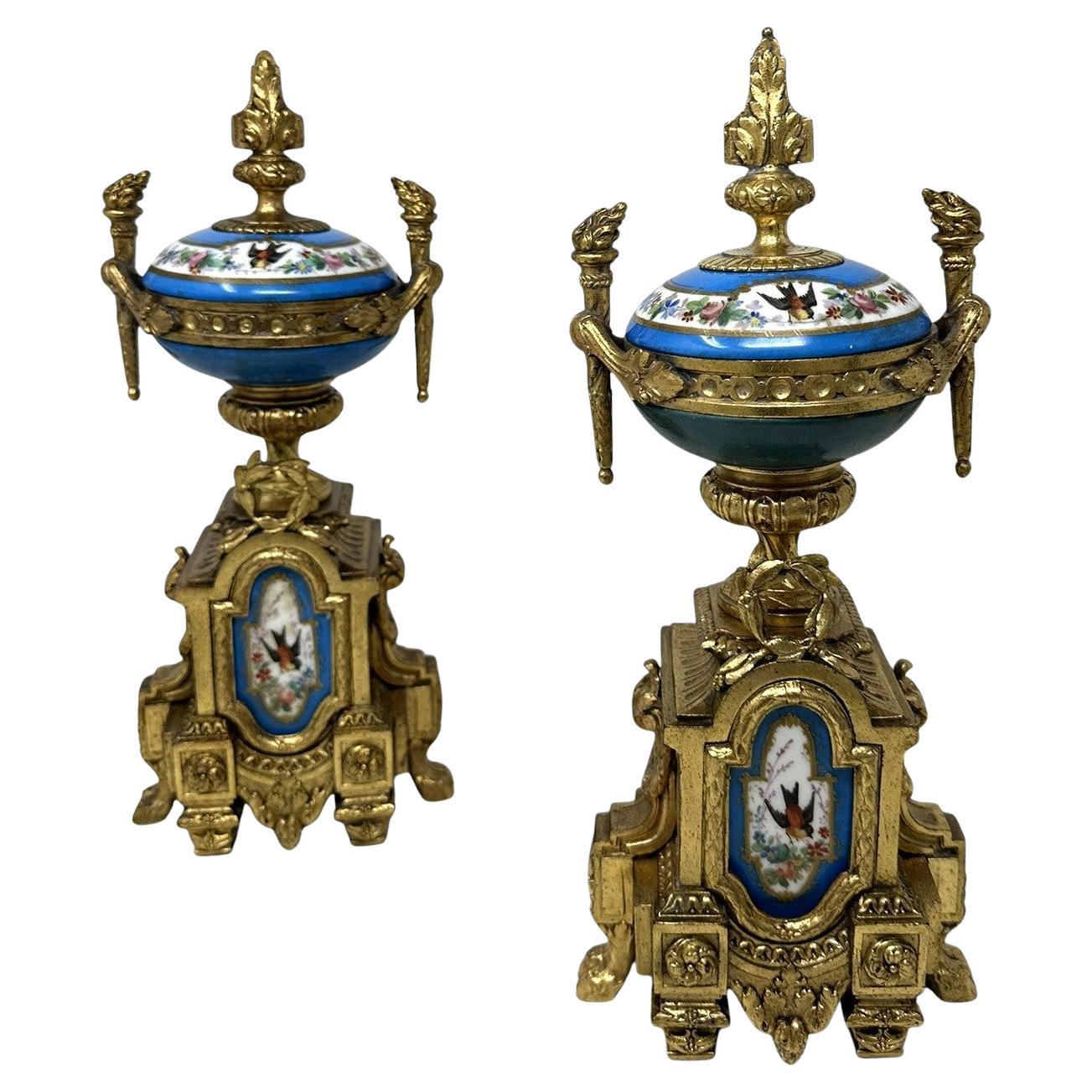 Antique Pair Celeste Blue French Sèvres Porcelain Ormolu Urns Vases Garnitures For Sale