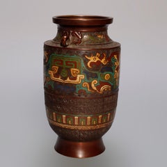 Antique Pair of Chinese Bronze and Champlevé Enameled Urn Form Vases, circa 1900