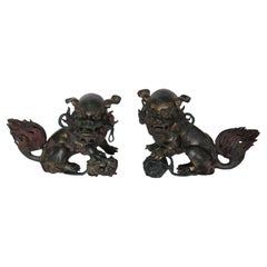 Antique PAIR Chinese Bronze Foo Dogs fine detail gilded 
enamelled, Qing 18th C