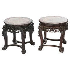 Antique Pair Chinese Carved Rosewood Marble Top Side Stands circa 1900