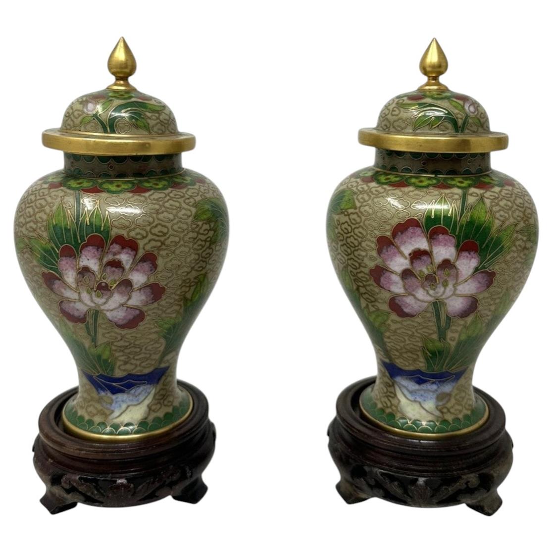 Antique Pair Chinese Cloisonne Enamel Ginger Jars Urns Vases Still Life Flowers