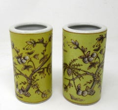 Antique Pair Chinese Cracklware Yellow Brush Pots Vases Republic Period Yellow