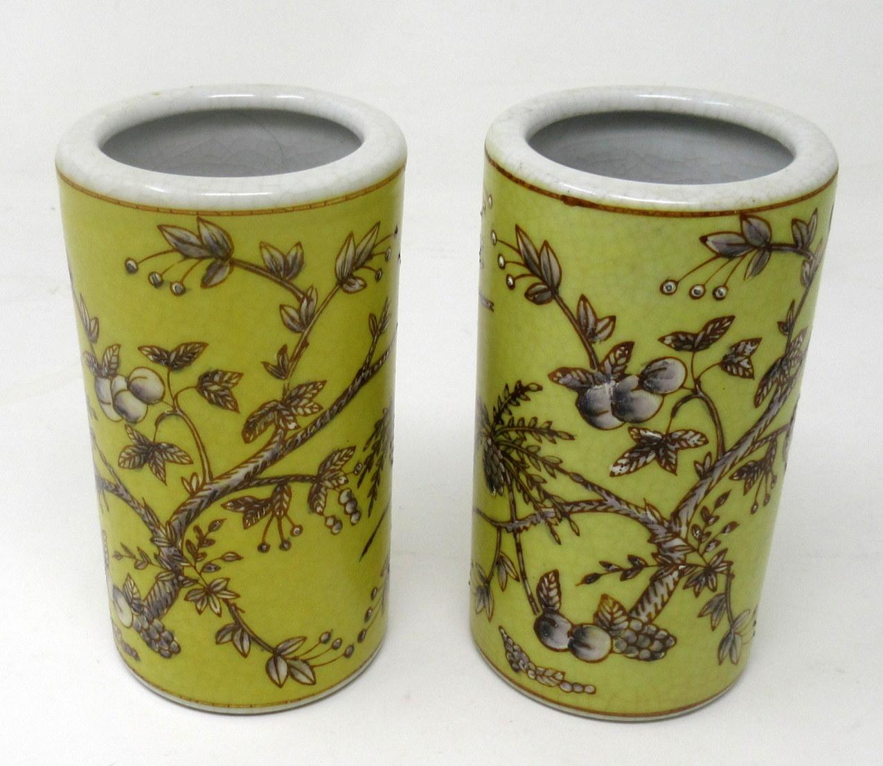 Edwardian Antique Pair Chinese Cracklware Yellow Brush Pots Vases Republic Period Yellow