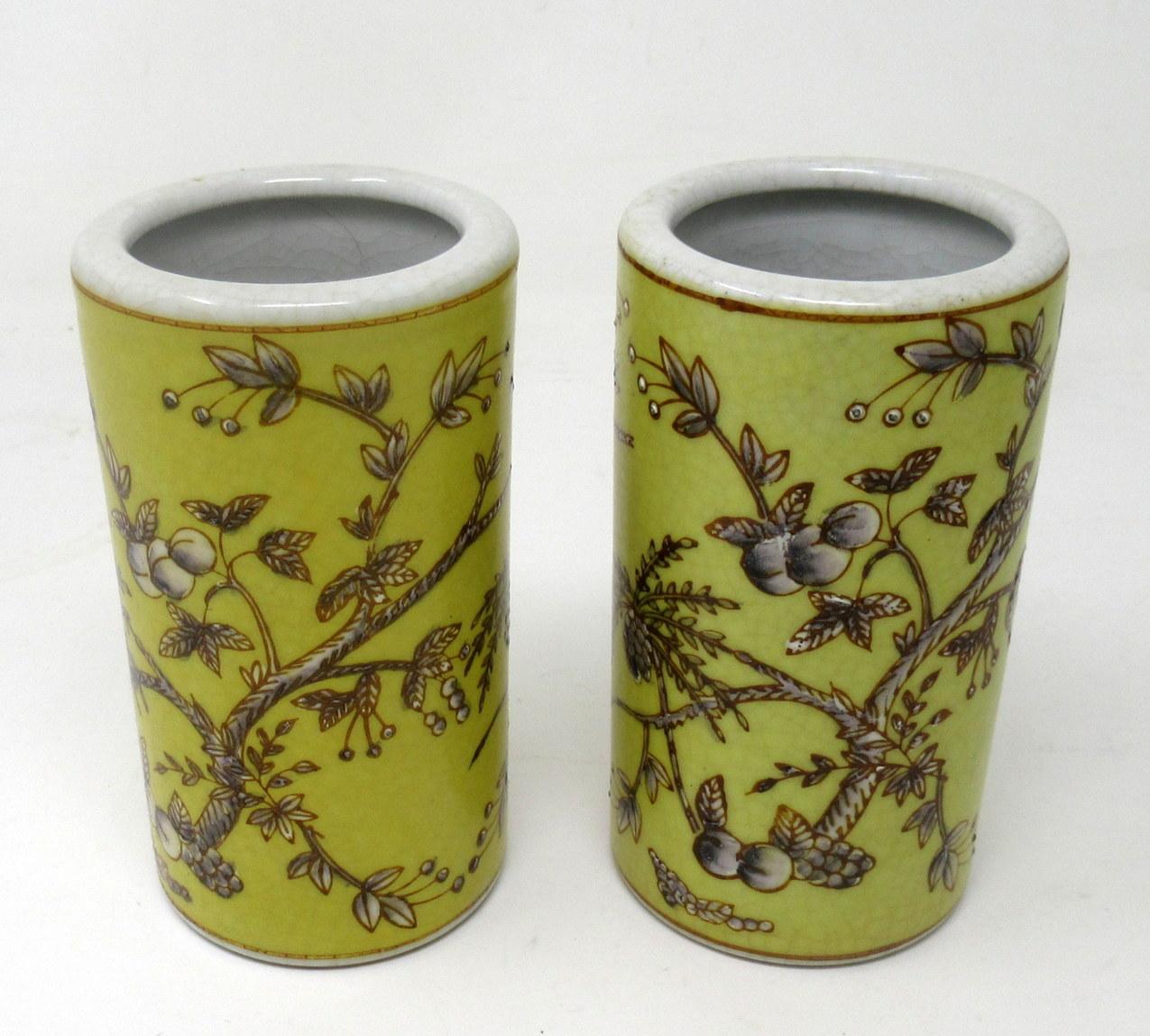 Antique Pair Chinese Cracklware Yellow Brush Pots Vases Republic Period Yellow In Good Condition In Dublin, Ireland