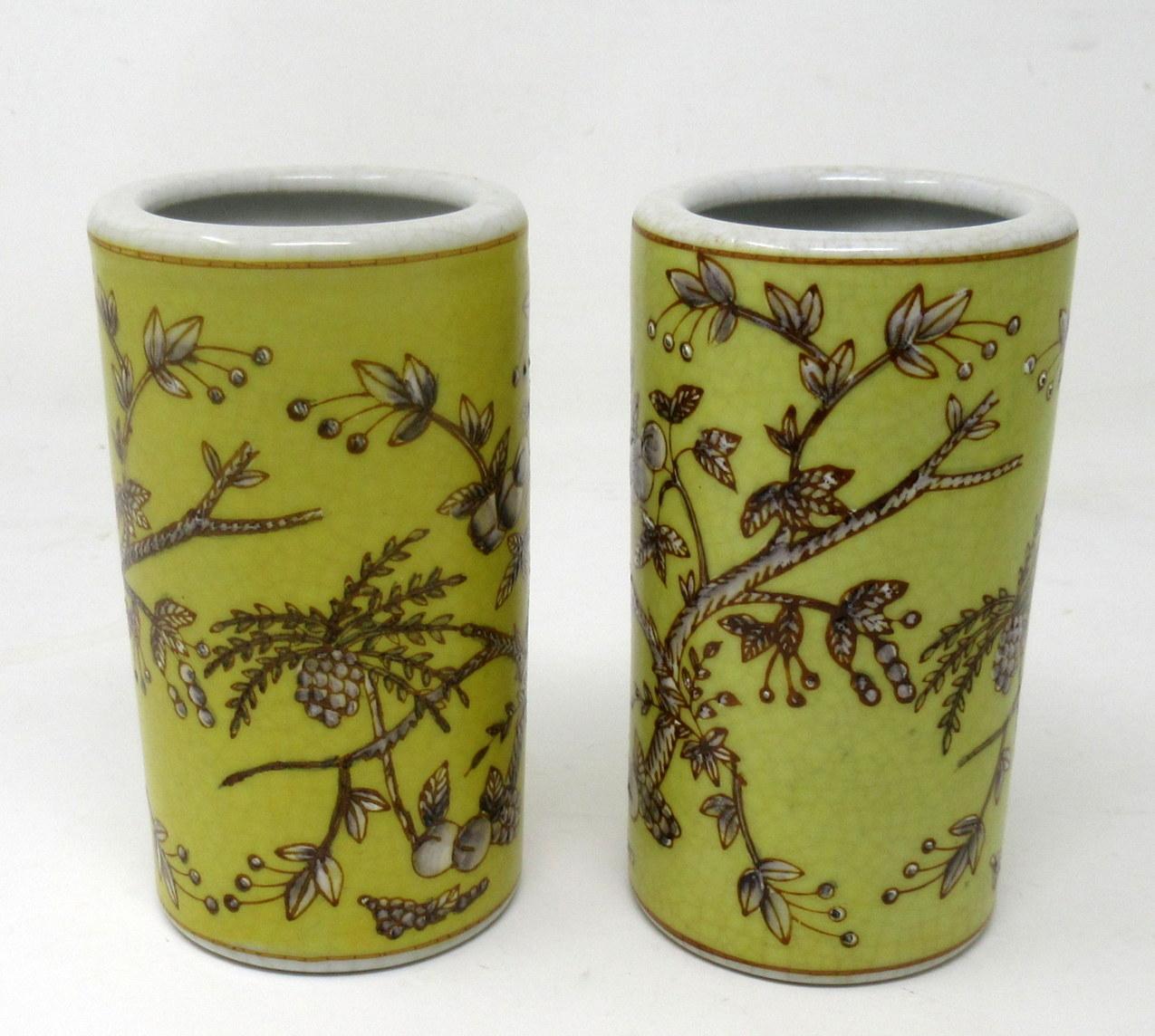 20th Century Antique Pair Chinese Cracklware Yellow Brush Pots Vases Republic Period Yellow