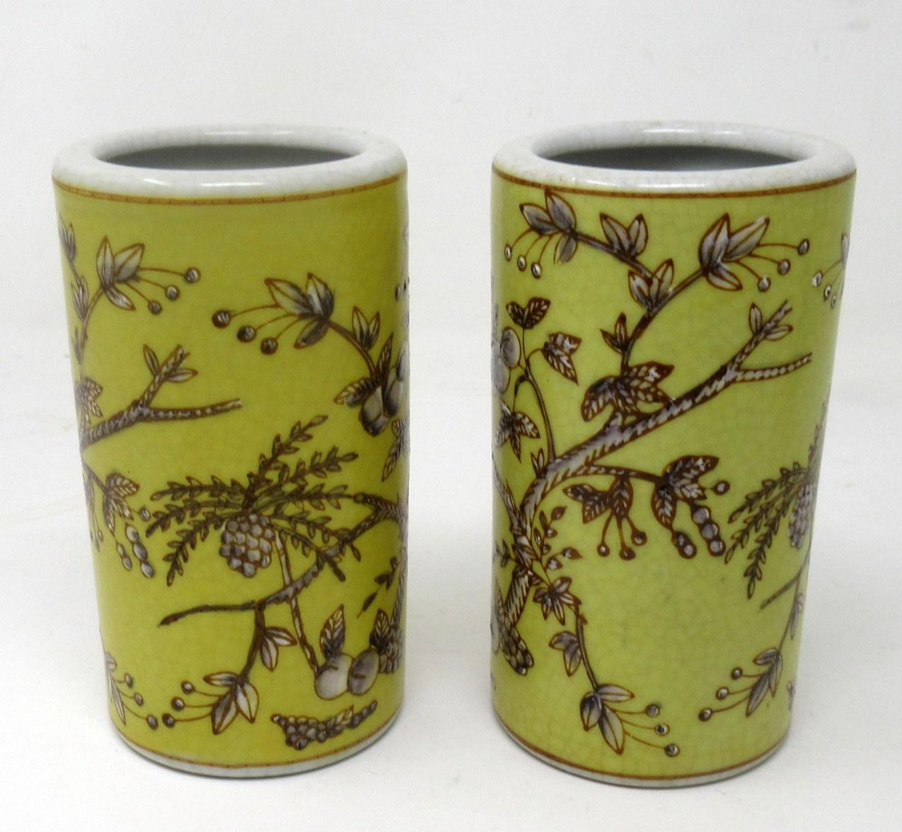 Ceramic Antique Pair Chinese Cracklware Yellow Brush Pots Vases Republic Period Yellow