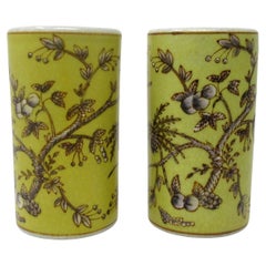 Antique Pair Chinese Cracklware Yellow Brush Pots Vases Republic Period Yellow