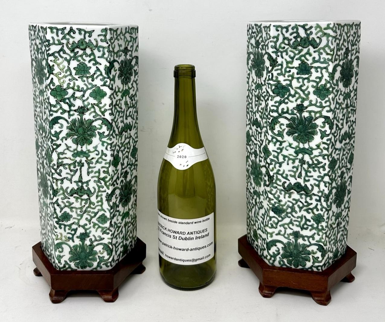 Antique Pair Chinese Export Porcelain Urns Vases Carved Hardwood Base Green 19Ct For Sale 5
