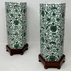 Antique Pair Chinese Export Porcelain Urns Vases Carved Hardwood Base Green 19Ct