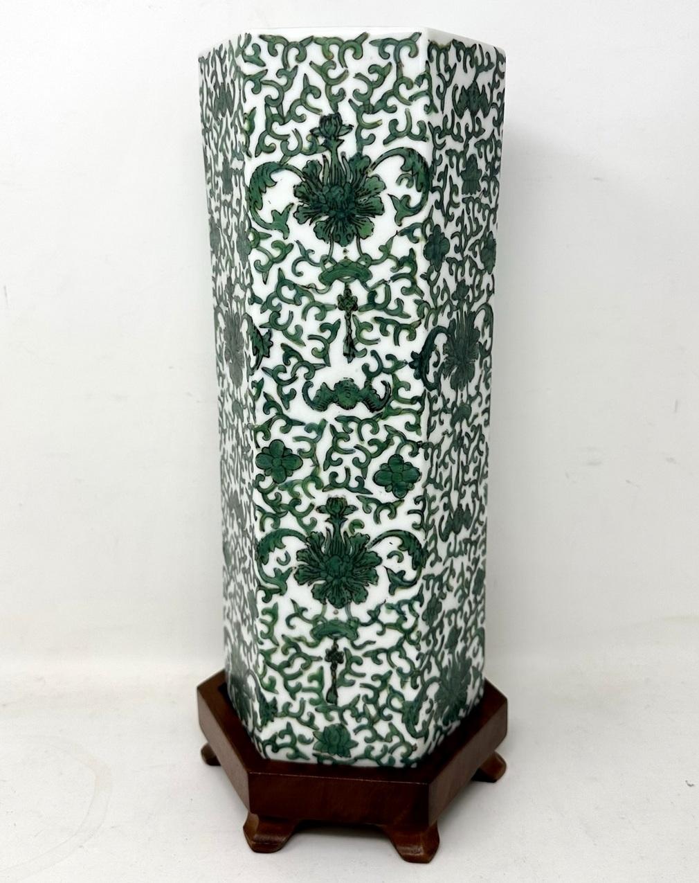 Ceramic Antique Pair Chinese Export Porcelain Urns Vases Carved Hardwood Base Green 19Ct For Sale