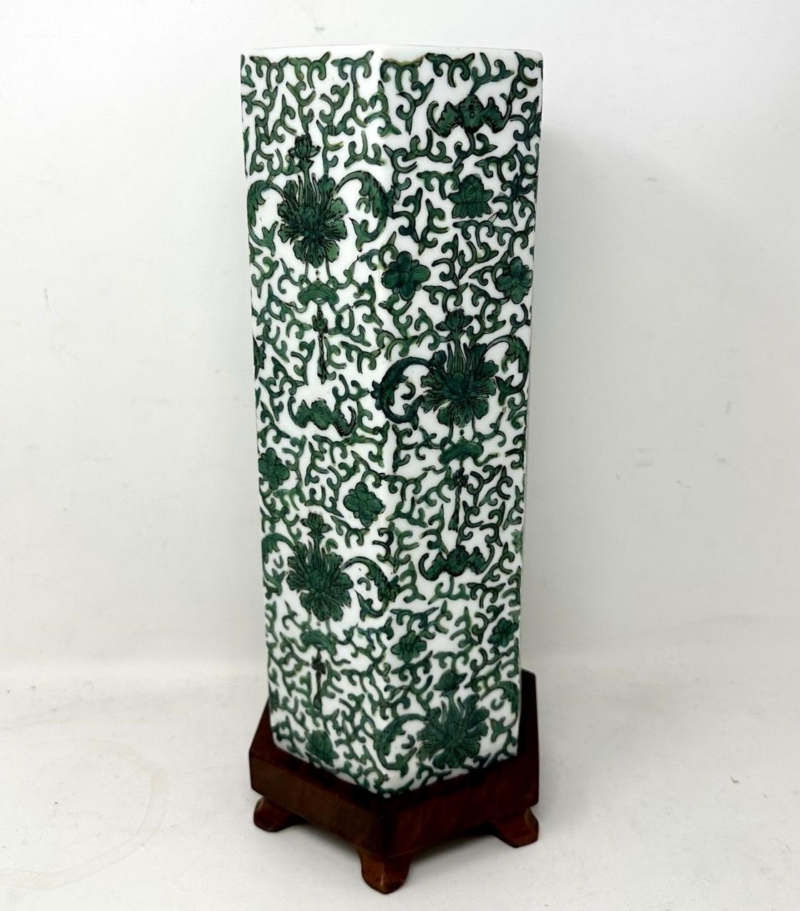 Antique Pair Chinese Export Porcelain Urns Vases Carved Hardwood Base Green 19Ct For Sale 1