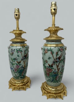 Antique Pair Chinese Famille Rose Porcelain Ormolu Table Lamps Blue Green Gilt