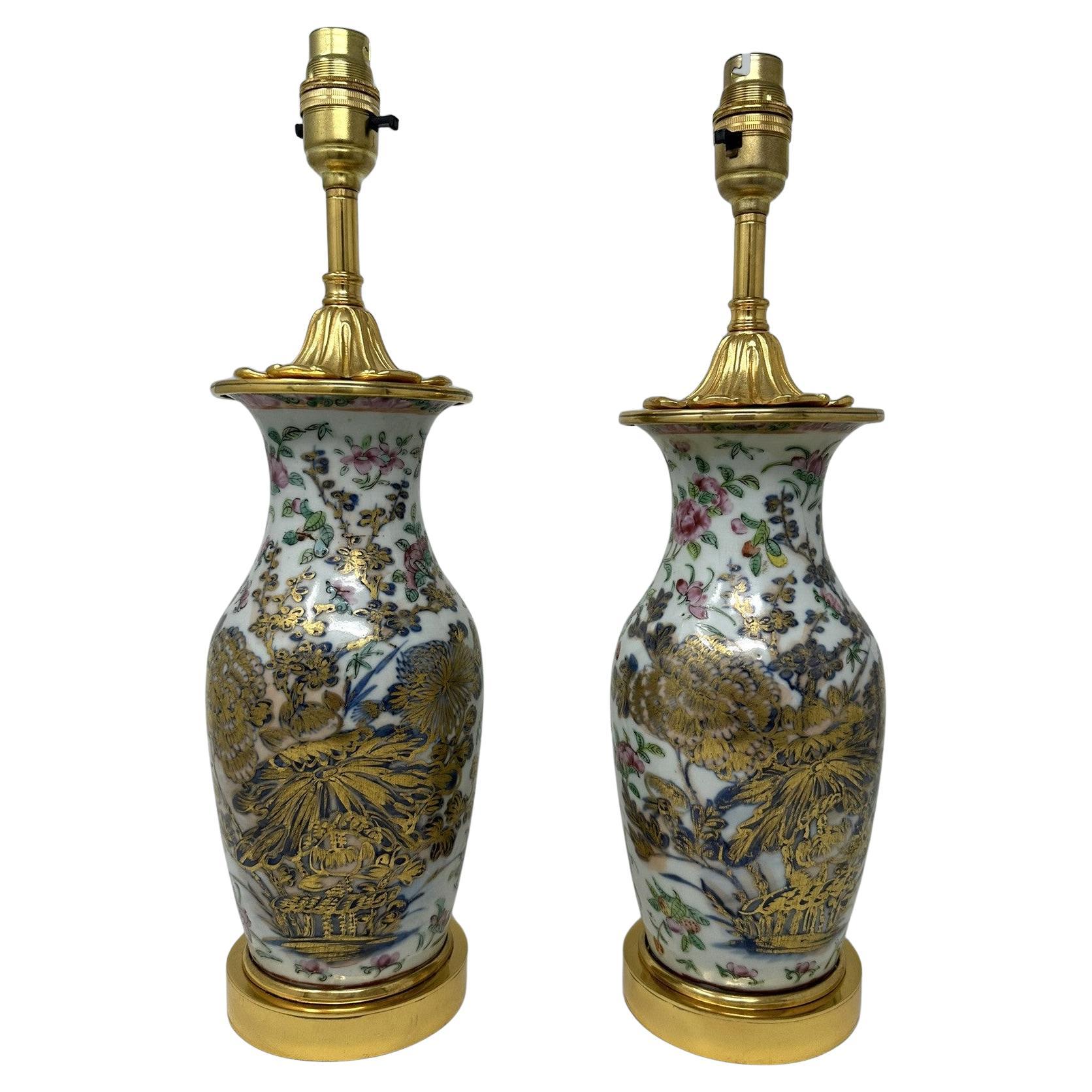 Antique Pair Chinese Famille Rose Porcelain Ormolu Table Lamps Blue Green Gilt