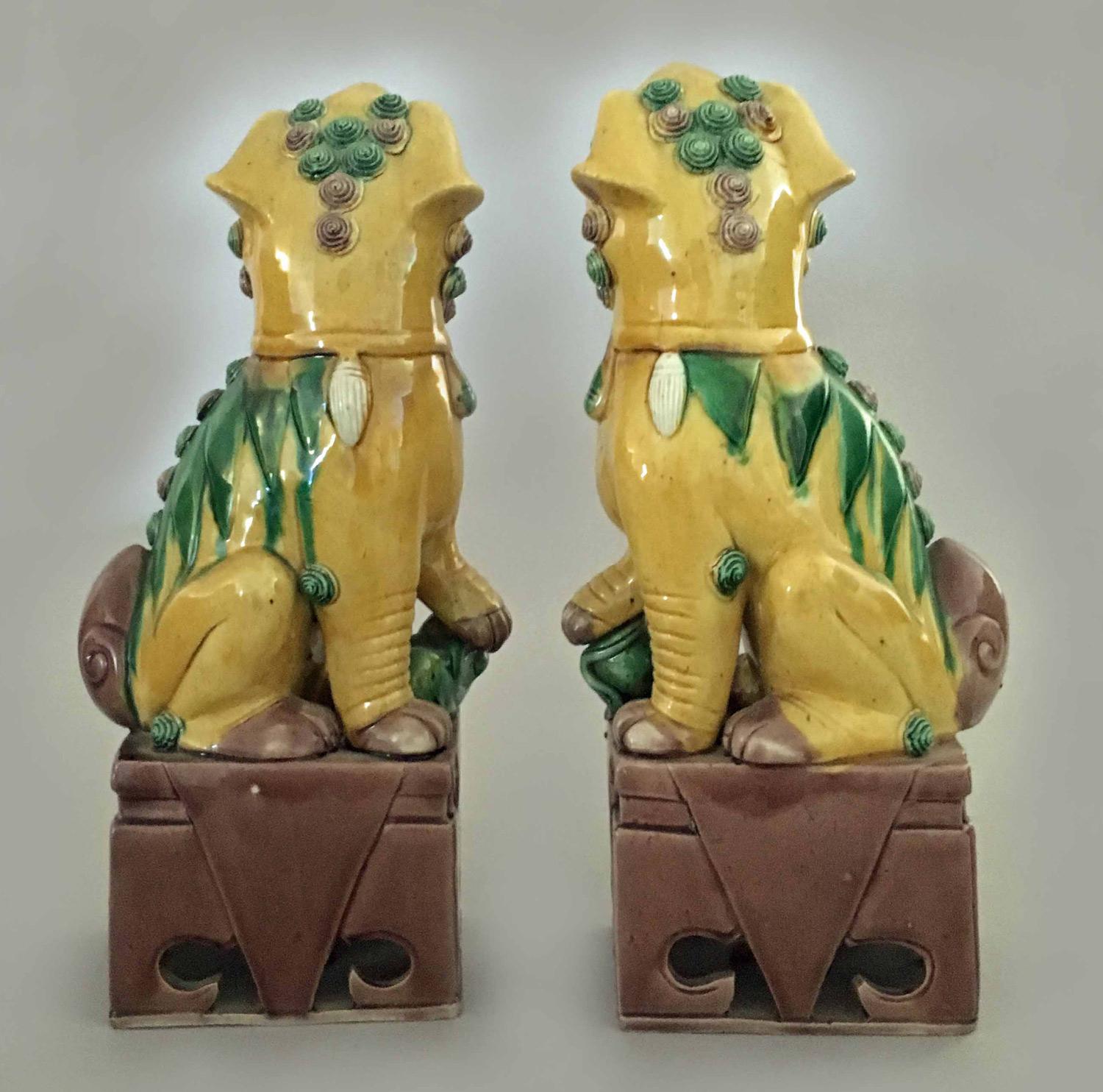 Glazed Antique Pair of Chinese Foo Dogs For Sale