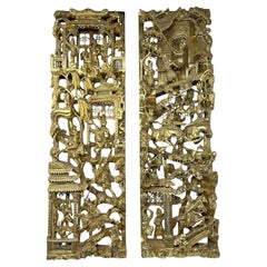 Antique Pair Chinese Giltwood Carvings Mounted Warriors, Pavilions and Foliage