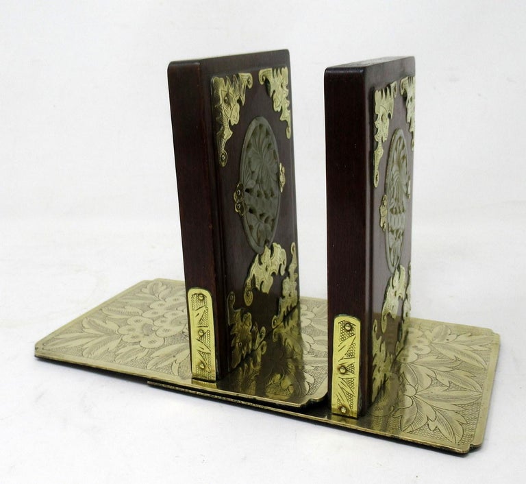 Antique Pair Chinese Hardwood Jade Brass Book Ends Holders Qing Dynasty