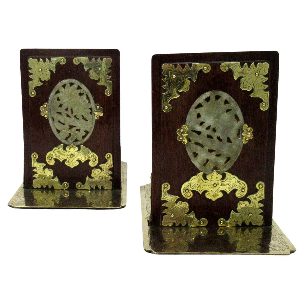 Antique Pair Chinese Hardwood Jade Brass Book Ends Holders Qing Dynasty Period