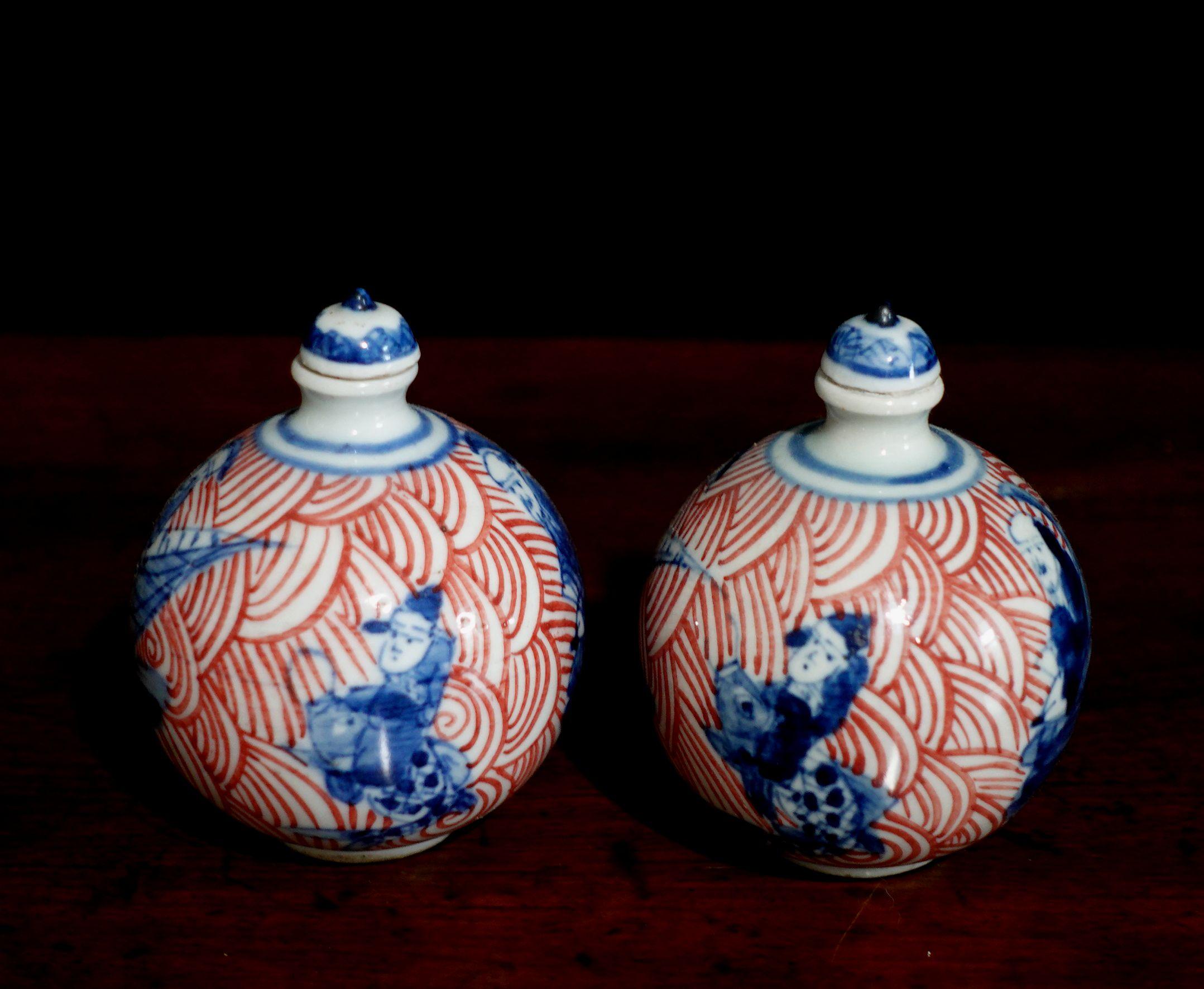 Carved Antique Pair Chinese Imari Porcelain Snuff Bottles