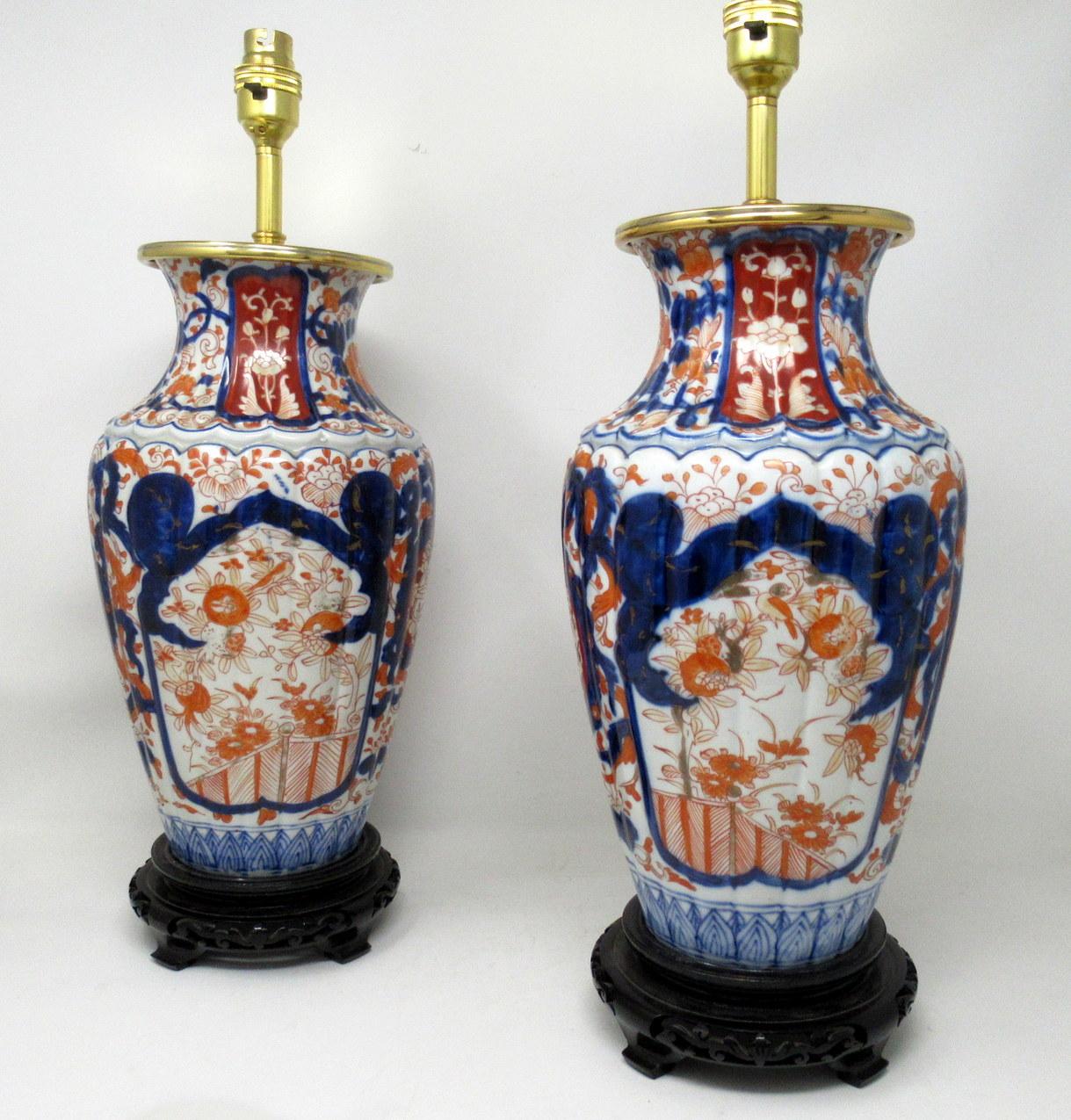 Early Victorian Antique Pair Chinese Japanese Imari Porcelain Ormolu Table Lamps Cobalt Blue Red