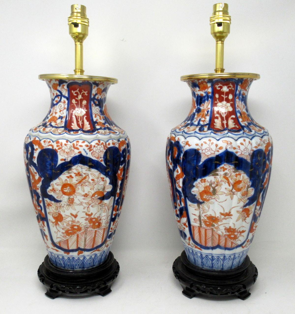 Antique Pair Chinese Japanese Imari Porcelain Ormolu Table Lamps Cobalt Blue Red In Good Condition In Dublin, Ireland