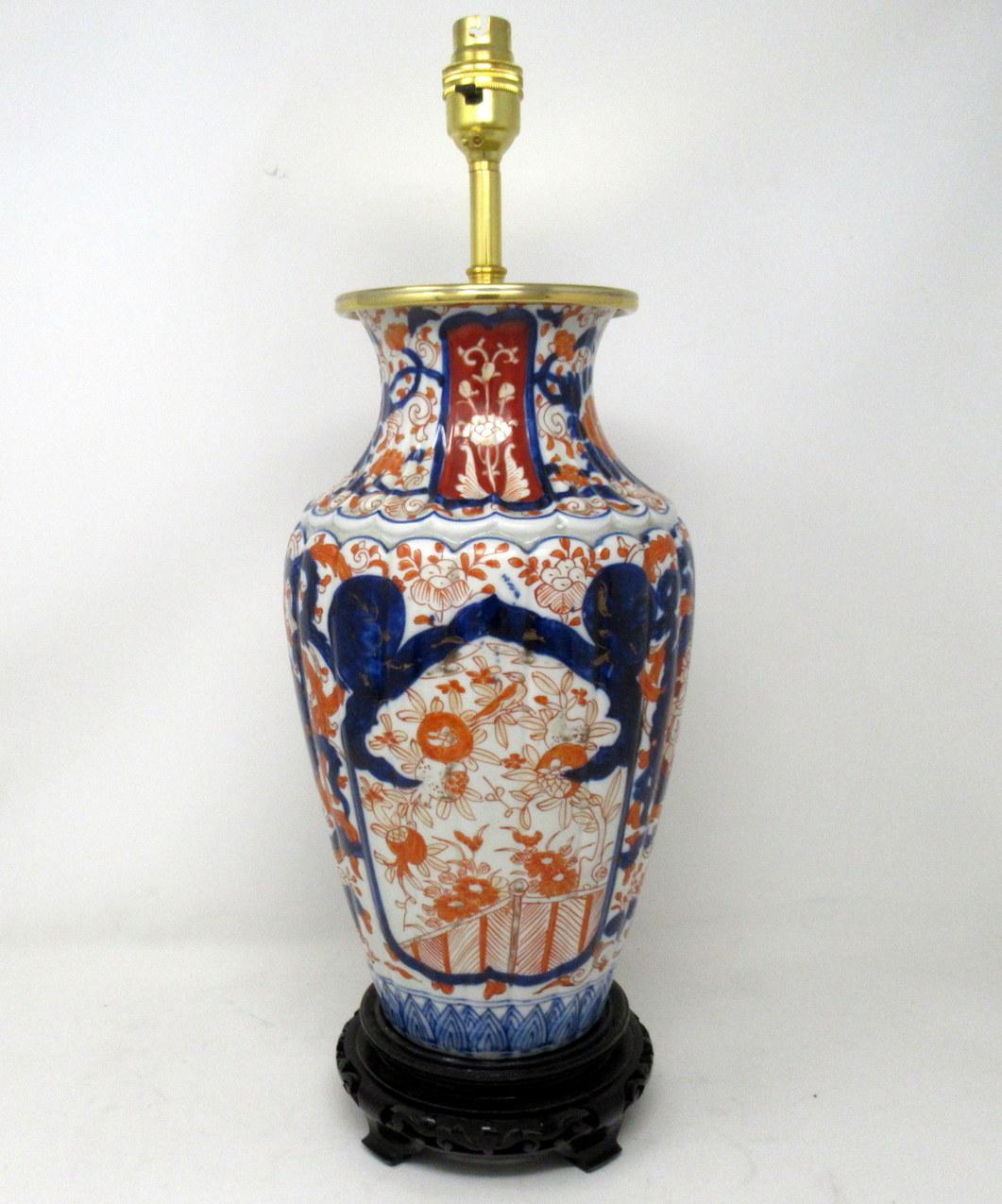 19th Century Antique Pair Chinese Japanese Imari Porcelain Ormolu Table Lamps Cobalt Blue Red