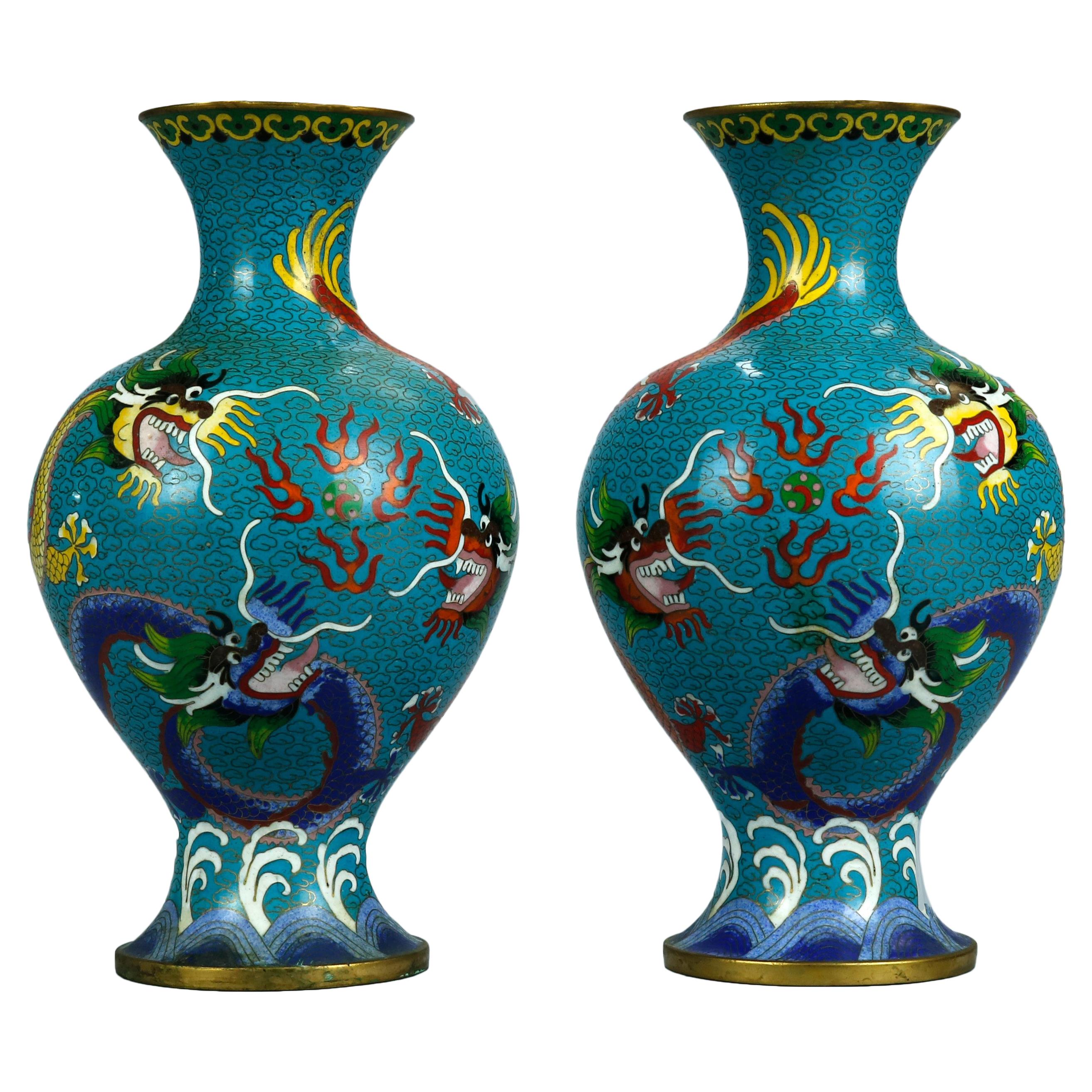 Antique Pair Chinese Meiji Cloisonne Enameled Dragon Vases, Circa 1900